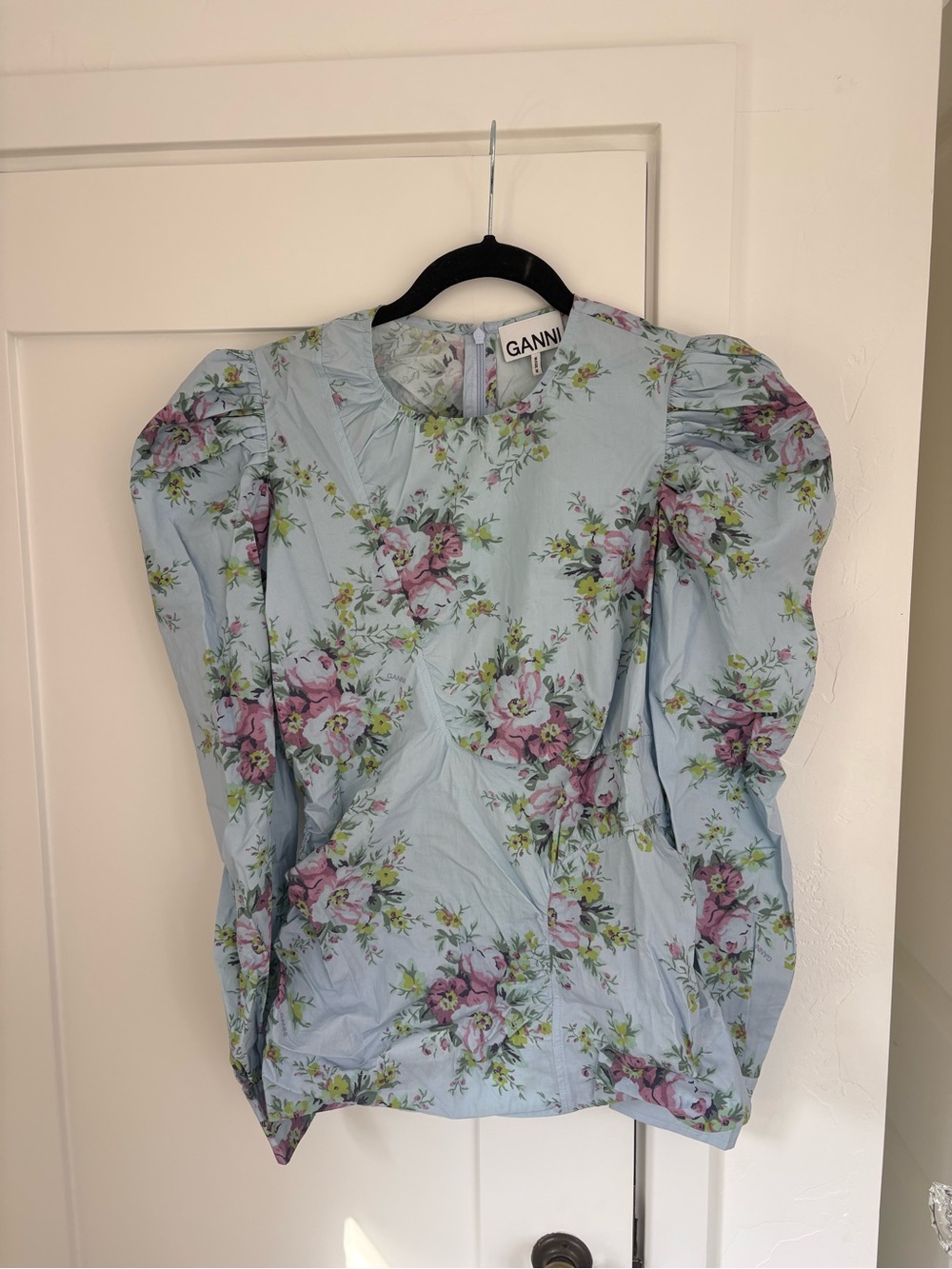 Ganni Light Blue Floral Puff-Sleeve Blouse